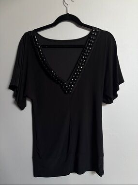 Charlotte Russe Black V-Neck Embellished Short Sleeve Top